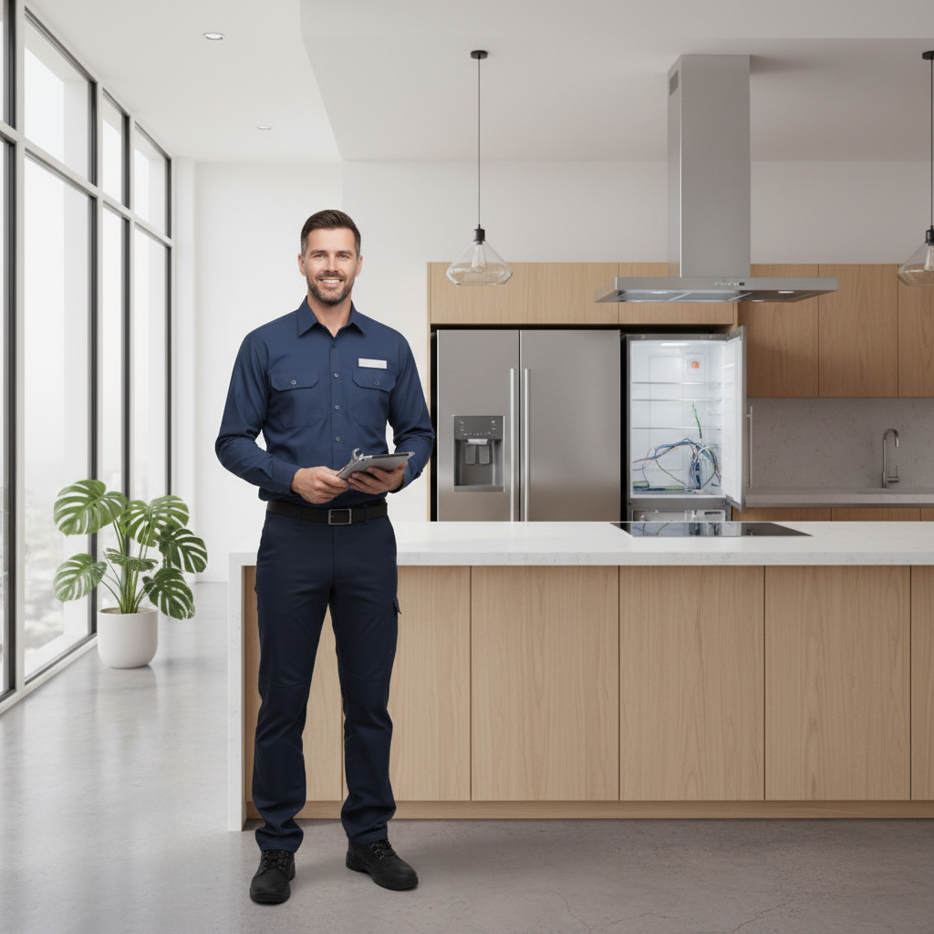 Smiling appliance repair technician in a bright modern kitchen