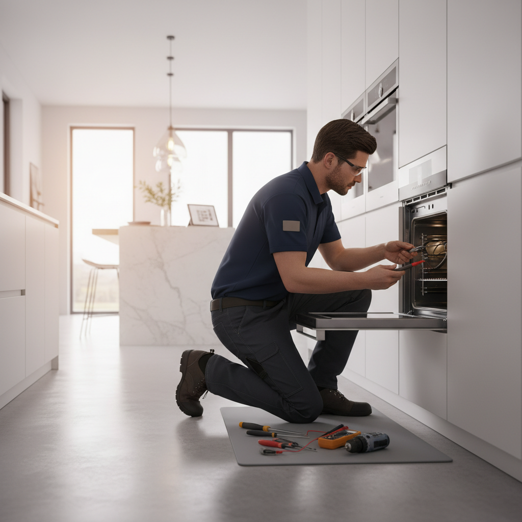 Technician repairing a built-in oven in a modern kitchen